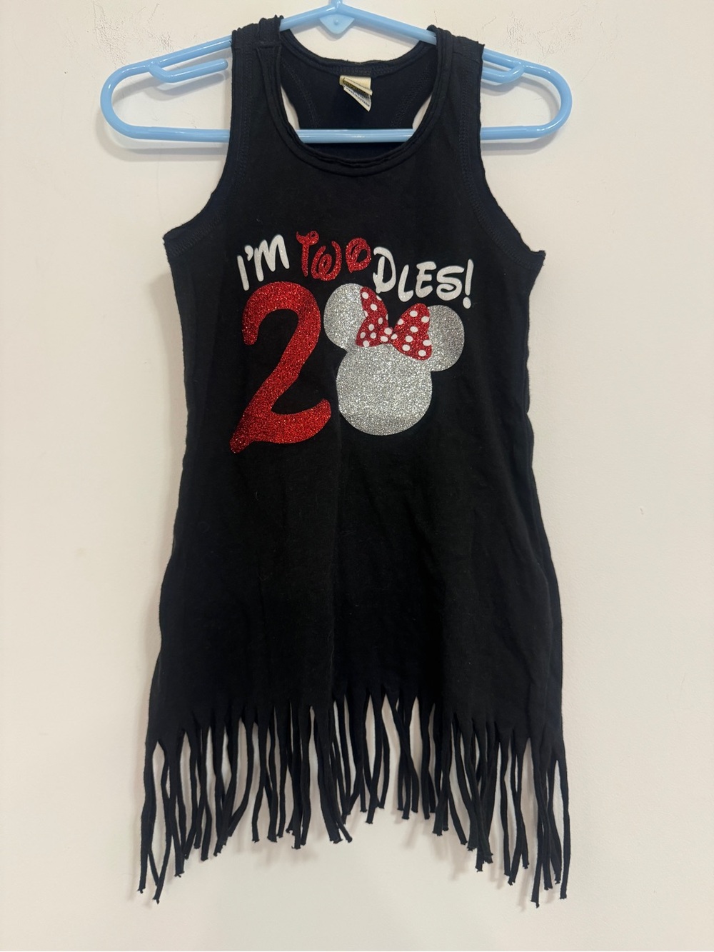 Kavio Black Tank with Red and Silver Glitter Minnie I’m Twodles with Fringe Hem